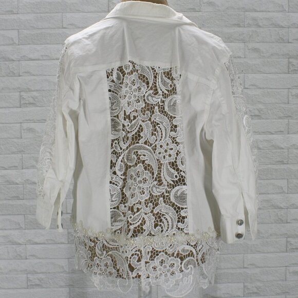 HAND CRAFTED Jacket Denim Upcycled Lace Pearl Trim Floral White Plus Size 16 - Picture 1 of 14